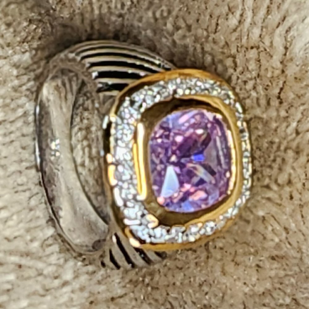 Faux Silver & Gold Amethyst Ring with Simulated Diamonds - Picture 3 of 5
